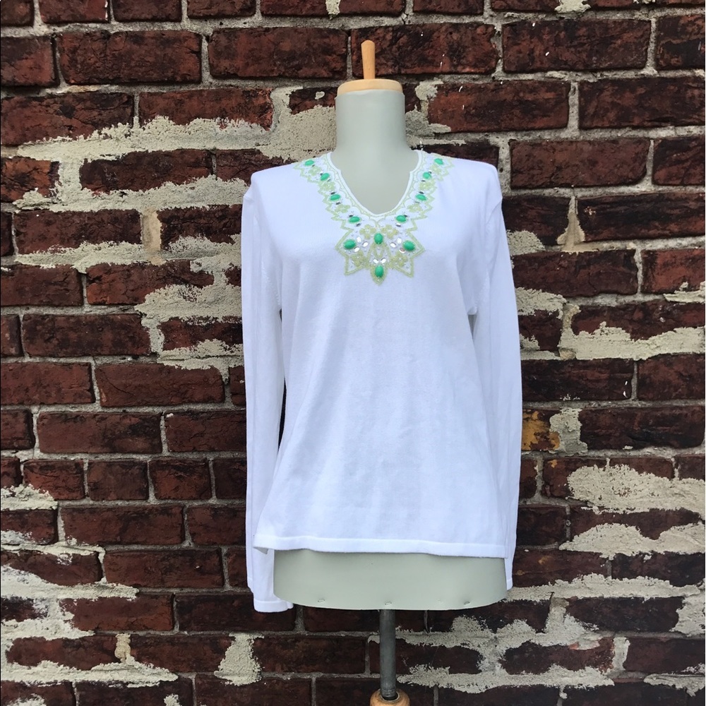 J‎ McLaughlin M L White Beaded Jeweled Sweater Top